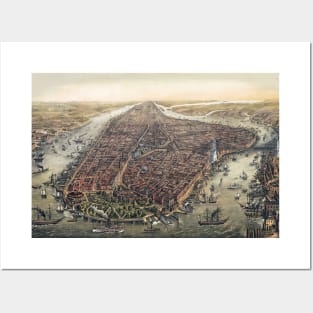 Antique map of New York City with Manhattan and the Brooklyn Bridge Posters and Art